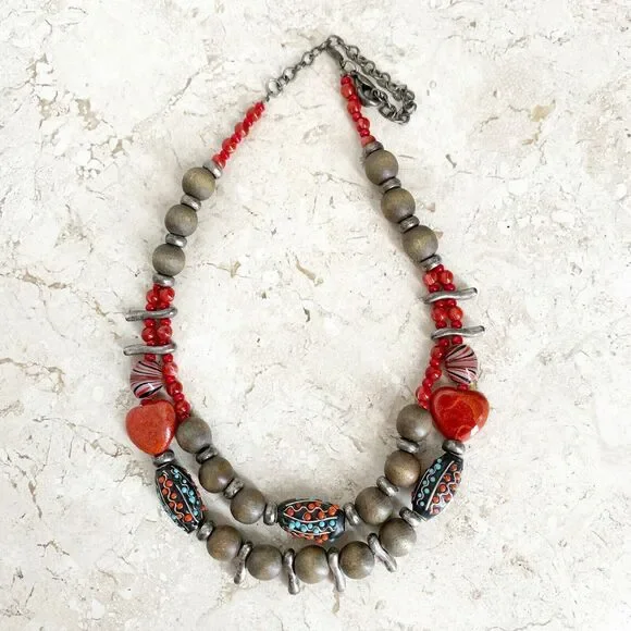 CHICOS Necklace Colorful Beaded Double Strand Tribal Red Brown Silver Vintage - Picture 7 of 11